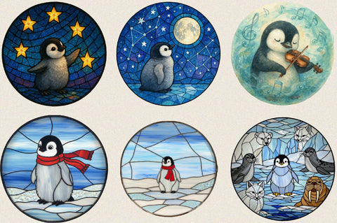 Sweet Baby Penguin Stained Glass Clipart Bundle. Sublimation SVGArt 