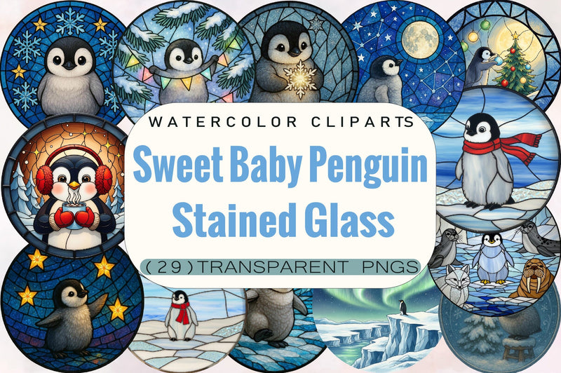 Sweet Baby Penguin Stained Glass Clipart Bundle. Sublimation SVGArt 