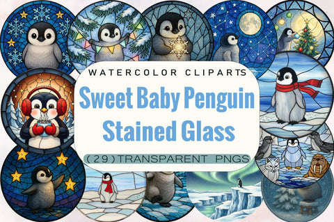 Sweet Baby Penguin Stained Glass Clipart Bundle. Sublimation SVGArt 
