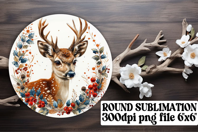 Sweet Deer & Flowers Keychain Round Design Watercolor Art Sublimation afrosvg 