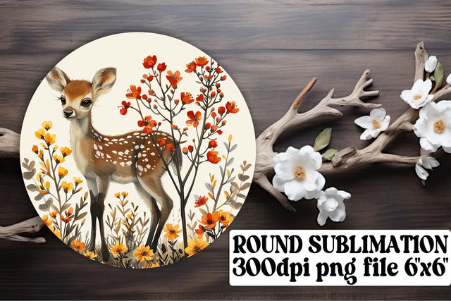 Sweet Deer & Flowers Keychain Sublimation Round Design Watercolor Art Sublimation afrosvg 