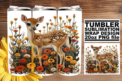 Sweet Deer & Flowers Sublimation Tumbler Wrap 20oz Design Sublimation afrosvg 
