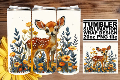Sweet Deer & Flowers Tumbler Wrap Sublimation 20oz Watercolor Art Sublimation afrosvg 