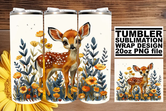 Sweet Deer & Flowers Tumbler Wrap Sublimation 20oz Watercolor Art Sublimation afrosvg 
