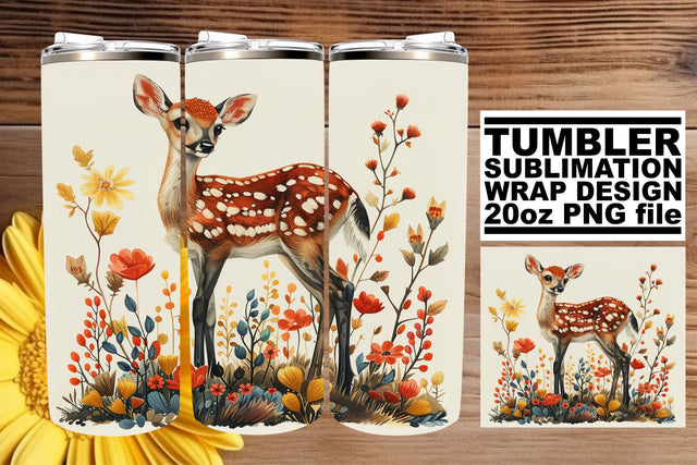 Sweet Deer & Flowers Tumbler Wrap Sublimation 20oz Watercolor Art Sublimation afrosvg 
