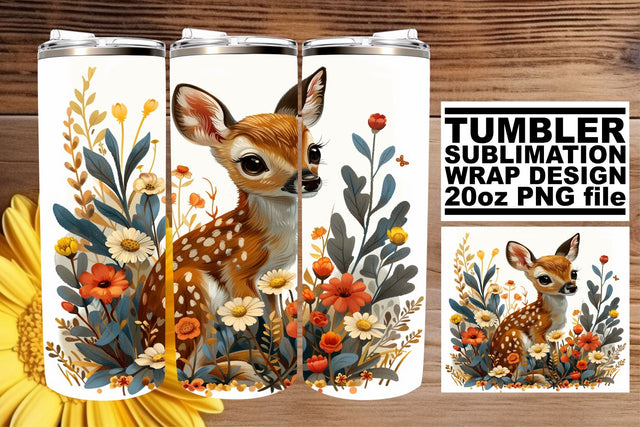 Sweet Deer with Floral Tumbler Wrap 20oz Watercolor Sublimation Sublimation afrosvg 