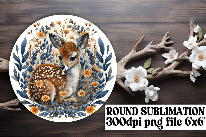 Sweet Deer with Flowers Keychain Round Design Sublimation Watercolor Art Sublimation afrosvg 
