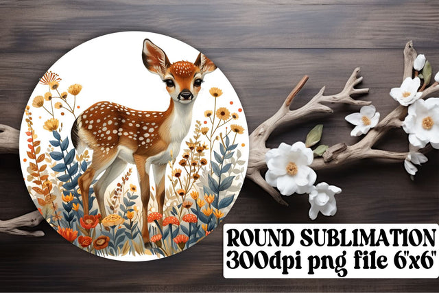 Sweet Deer with Flowers Keychain Round Design Watercolor Sublimation afrosvg 