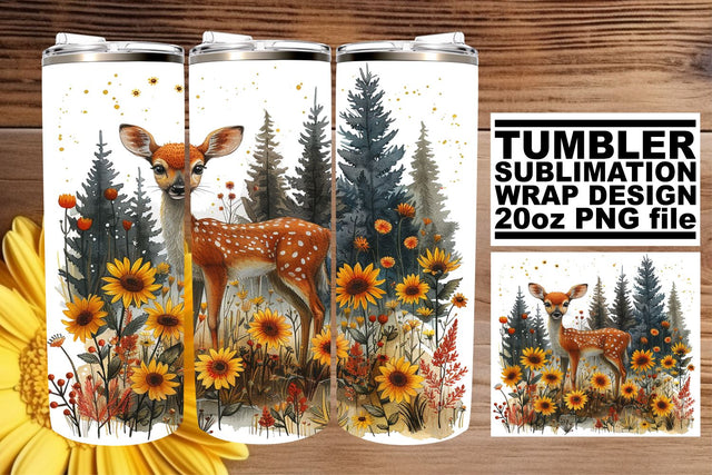 Sweet Deer with Flowers Tumbler Wrap 20oz Sublimation Watercolor Art Sublimation afrosvg 