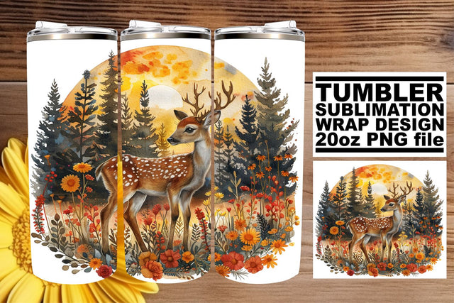 Sweet Deer with Flowers Tumbler Wrap 20oz Watercolor Design Sublimation afrosvg 
