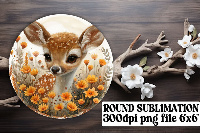 Sweet Floral Deer Keychain Sublimation Round Design Watercolor Pattern Sublimation afrosvg 