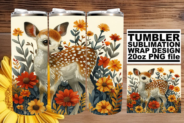 Sweet Floral Deer Tumbler Wrap Sublimation 20oz Watercolor Pattern Sublimation afrosvg 