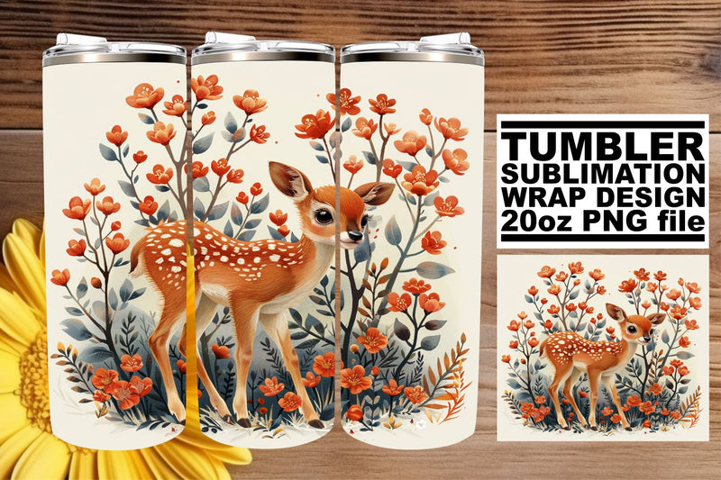 Sweet Floral Deer Tumbler Wrap Sublimation 20oz Watercolor Pattern Sublimation afrosvg 