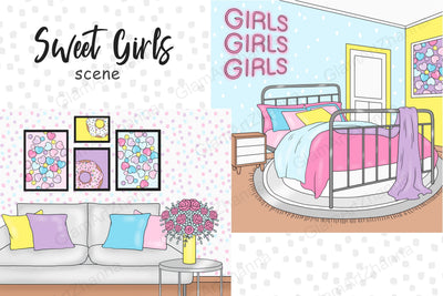 Sweet Girl SCENE Cozy Home Valentines Stickers - PNG files SVG GlamArtZhanna 