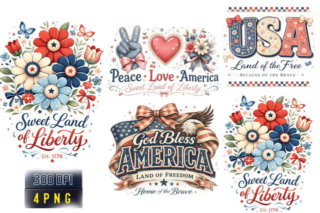 Sweet Land of Liberty, Peace Love America, USA Land of the Free, God Bless America, Patriotic Floral PNG Bundle, 4th of July Sublimation, Vintage Americana Clipart, Est 1776 Design, Home of the Brave Sublimation BlackCatsMedia 