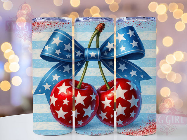 Sweet Liberty Patriotic Cherry Tumbler, Fourth of July 20Oz Skinny Tumbler Sublimation PNG, Stars Bow 4th of July Cherry Design Digital Download Sublimation SvggirlplusArt 