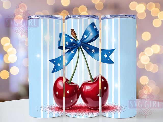 Sweet Liberty Patriotic Cherry Tumbler, Fourth of July 20Oz Skinny Tumbler Sublimation PNG, Stars Bow 4th of July Cherry Design Digital Download Sublimation SvggirlplusArt 