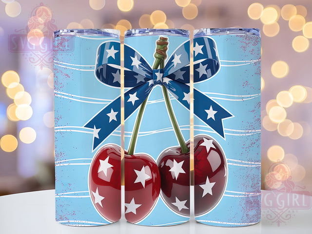 Sweet Liberty Patriotic Cherry Tumbler, Fourth of July 20Oz Skinny Tumbler Sublimation PNG, Stars Bow 4th of July Cherry Design Digital Download Sublimation SvggirlplusArt 