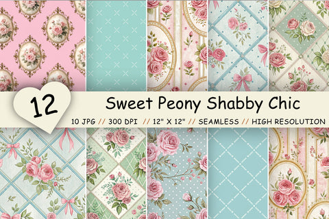 Sweet Peony Shabby Chic Digital Paper, Seamless Watercolor Floral Pattern Pack, Printable Scrapbook Paper, Rose Design Bundle Digital Pattern FloridPrintables 