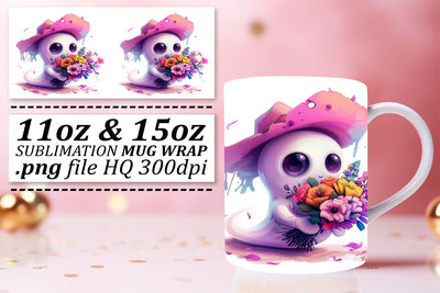 Sweet Pink Ghost Design Mug Wrap for Halloween 11oz 15oz Sublimation afrosvg 