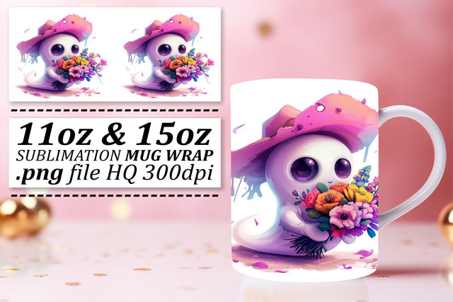 Sweet Pink Ghost Design Mug Wrap for Halloween 11oz 15oz Sublimation afrosvg 