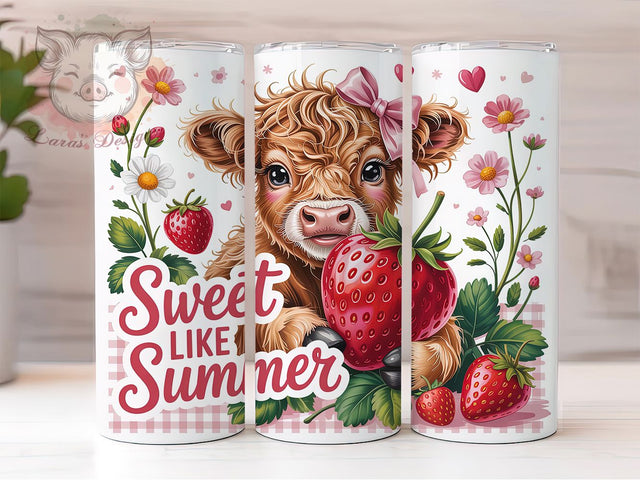Sweet Summer Highland Cow 20oz Tumbler, Highland Cow Calf, Pink Bow, Caramel Brown Fur, Sparkling Eyes, 20oz Tumbler Wrap, Sublimation PNG Sublimation Lara' s Designs 