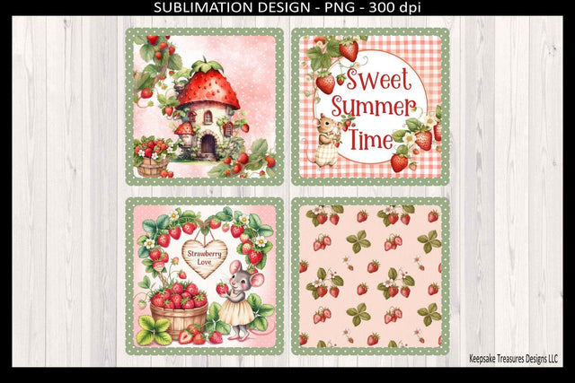 Sweet Summer Time Strawberry Mouse Coaster Set, Sublimation Png Designs, Cottagecore Strawberry Love, 4 PNG Files, Cozy Home Decor Sublimation Keepsake Treasures Designs LLC. 