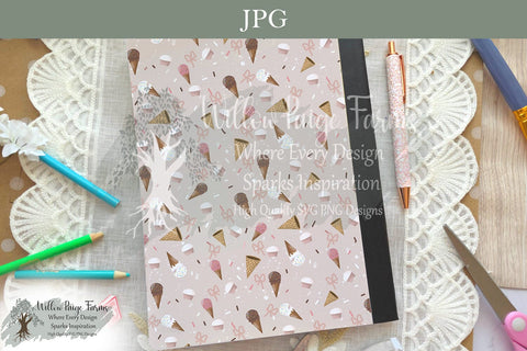 Sweet Treats Composition Notebook Cover – Neutral Cupcakes, Ice Cream Cones, Bows & Sprinkles – Printable 6.9" x 10" JPG for 7.5" x 9.75" Notebooks – 300 DPI SVG Willow Paige Farms 