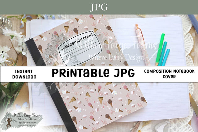 Sweet Treats Composition Notebook Cover – Neutral Cupcakes, Ice Cream Cones, Bows & Sprinkles – Printable 6.9" x 10" JPG for 7.5" x 9.75" Notebooks – 300 DPI SVG Willow Paige Farms 