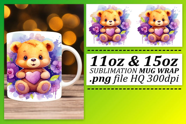 Sweet Valentines Teddy: Watercolor Mug Wrap - 11oz & 15oz Sublimation afrosvg 