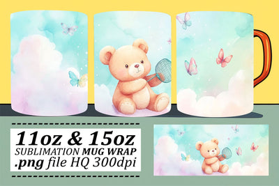 Sweet Watercolor Bear Mug Wrap 11oz Sublimation afrosvg 