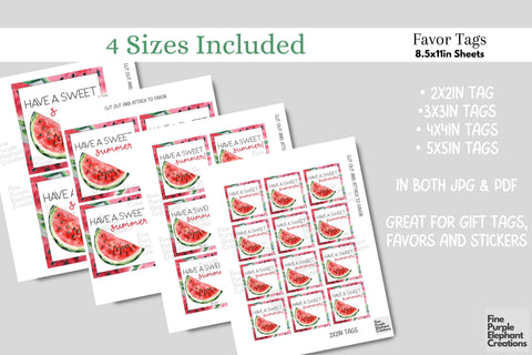 Sweet Watermelon Fruit Printable Favor Tag Label - End School Year Summer Digital Pattern Fine Purple Elephant Creations 