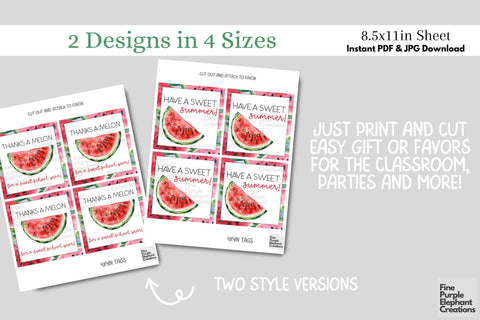Sweet Watermelon Fruit Printable Favor Tag Label - End School Year Summer Digital Pattern Fine Purple Elephant Creations 