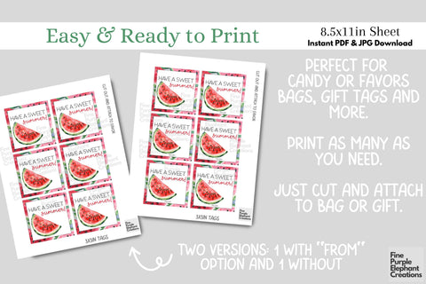 Sweet Watermelon Fruit Printable Favor Tag Label - End School Year Summer Digital Pattern Fine Purple Elephant Creations 