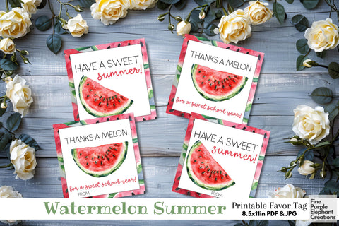 Sweet Watermelon Fruit Printable Favor Tag Label - End School Year Summer Digital Pattern Fine Purple Elephant Creations 
