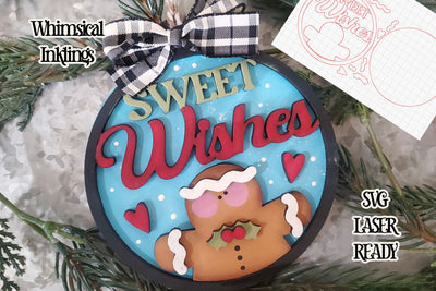 Sweet Wishes Round Gingerbread ornament Laser SVG SVG Whimsical Inklings 