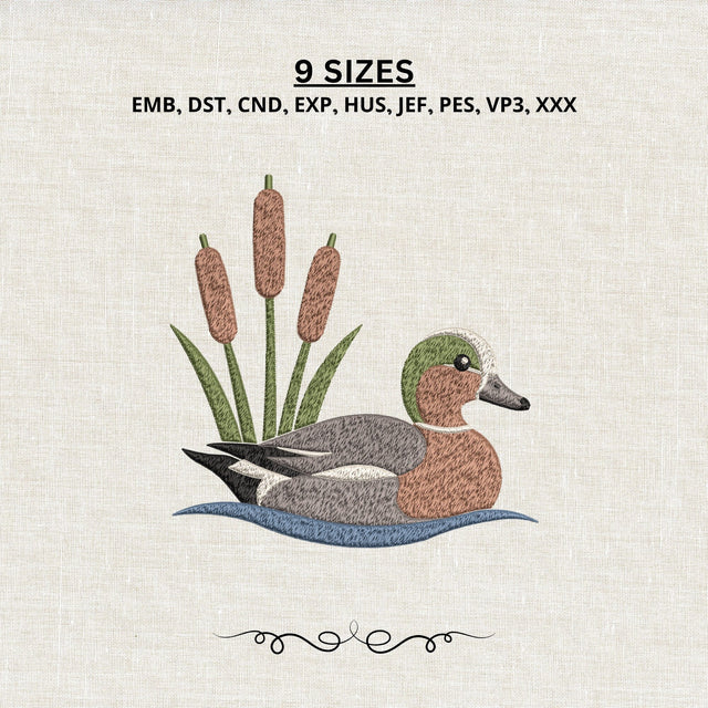 Swimming Duck with Cattails Embroidery Design – Waterfowl Machine Embroidery File, Duck Hunting Wildlife Pond Bird Design Embroidery/Applique DESIGNS PatternFeed8 