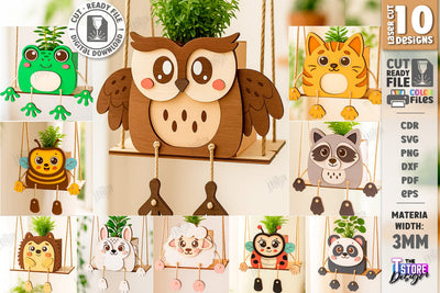 Swing Planter Laser Cut Bundle. Wooden Animal Planter Holders. Plant Pot. Hanging Planter SVG The T Store Design 