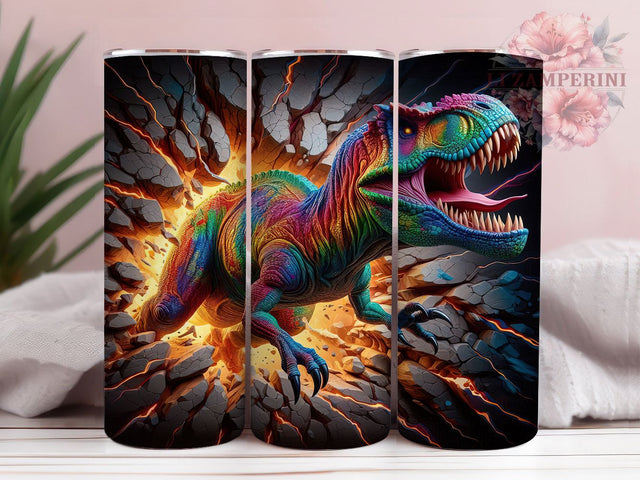 T-Rex 3D Wall Break Dino Tumbler, Dinosaur 3D Effect Wrap, 20oz Tumbler Sublimation, Jurassic Dino Design, Cracked Wall Dinosaur Tumbler, Prehistoric Beast Wrap, Roaring T-Rex Art Sublimation Li Zamperini 