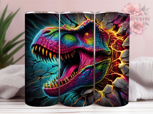 T-Rex 3D Wall Break Dino Tumbler, Dinosaur 3D Effect Wrap, 20oz Tumbler Sublimation, Jurassic Dino Design, Cracked Wall Dinosaur Tumbler, Prehistoric Beast Wrap, Roaring T-Rex Art Sublimation Li Zamperini 