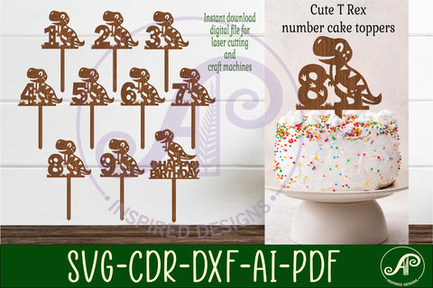 T rex Dinosaur number cake toppers, 10 designs SVG laser cut SVG APInspireddesigns 