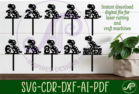 T rex Dinosaur number cake toppers, 10 designs SVG laser cut SVG APInspireddesigns 