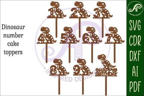 T rex Dinosaur number cake toppers, 10 designs SVG laser cut SVG APInspireddesigns 