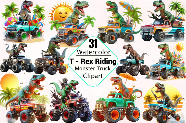 T-Rex Dinosaur Riding a Monster Truck Clipart Bundle Sublimation SVGArt 