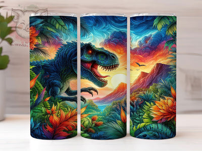 T-Rex Jungle Prehistoric Dino Tumbler Wrap, 20oz Tumbler Sublimation, Prehistoric Wildlife Design, Jurassic Park Aesthetic, Fierce Dino Art, Tropical Dinosaur Scene Sublimation Lara' s Designs 