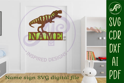 T Rex Name sign svg laser cut template, wall art SVG APInspireddesigns 