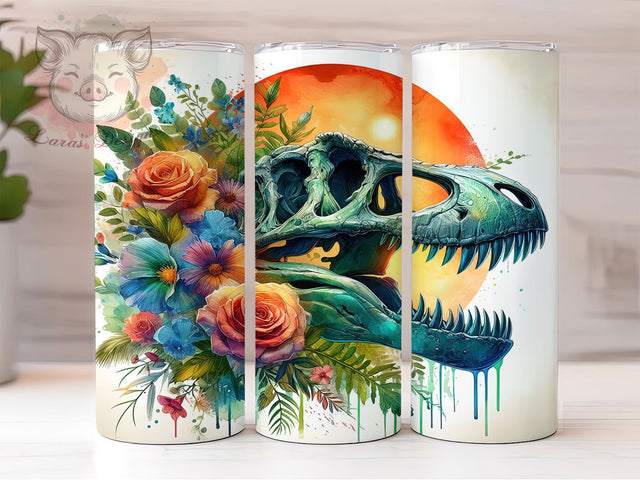 T-Rex Skull Fossil Dinosaur Tumbler, Dinosaur Skeleton, 20oz Tumbler Sublimation, Watercolor Fossil Design, Prehistoric Skull Art, Jurassic Era Tumbler, Paleontology Lover Wrap Sublimation Lara' s Designs 