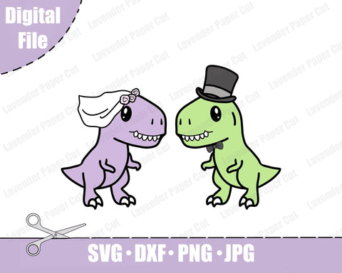 T Rex Wedding Couple SVG, Dinosaur Wedding Cake Topper, Tyrannosaurus Cake Topper, Jurassic Park PNG, Dinosaur Wedding Invitation Clipart SVG Lavender Paper Cut 