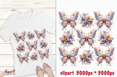 T-shirt design floral butterfly, bouquet of peonies roses Sublimation Angelina Semenova 