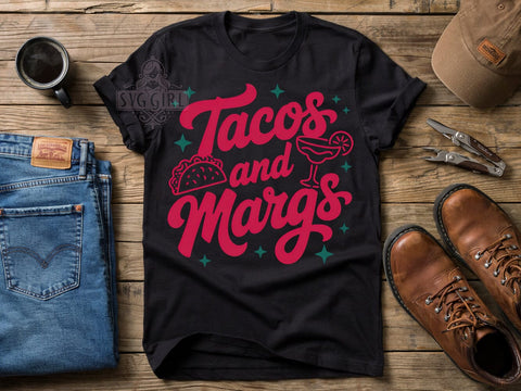 Tacos & Margs Party T-Shirt PNG, Bold Pink Text, Hand Drawn Font, Playful Design, Cheerful Illustration, Skinny Tumbler, Sublimation PNG Sublimation SvggirlplusArt 